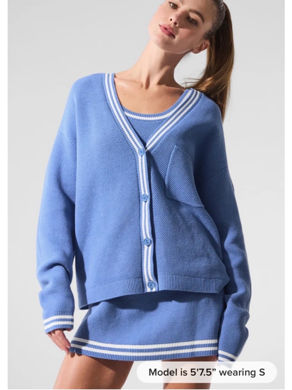 Alo Light Blue V-Neck Rib-Trim Cardigan Sweater
